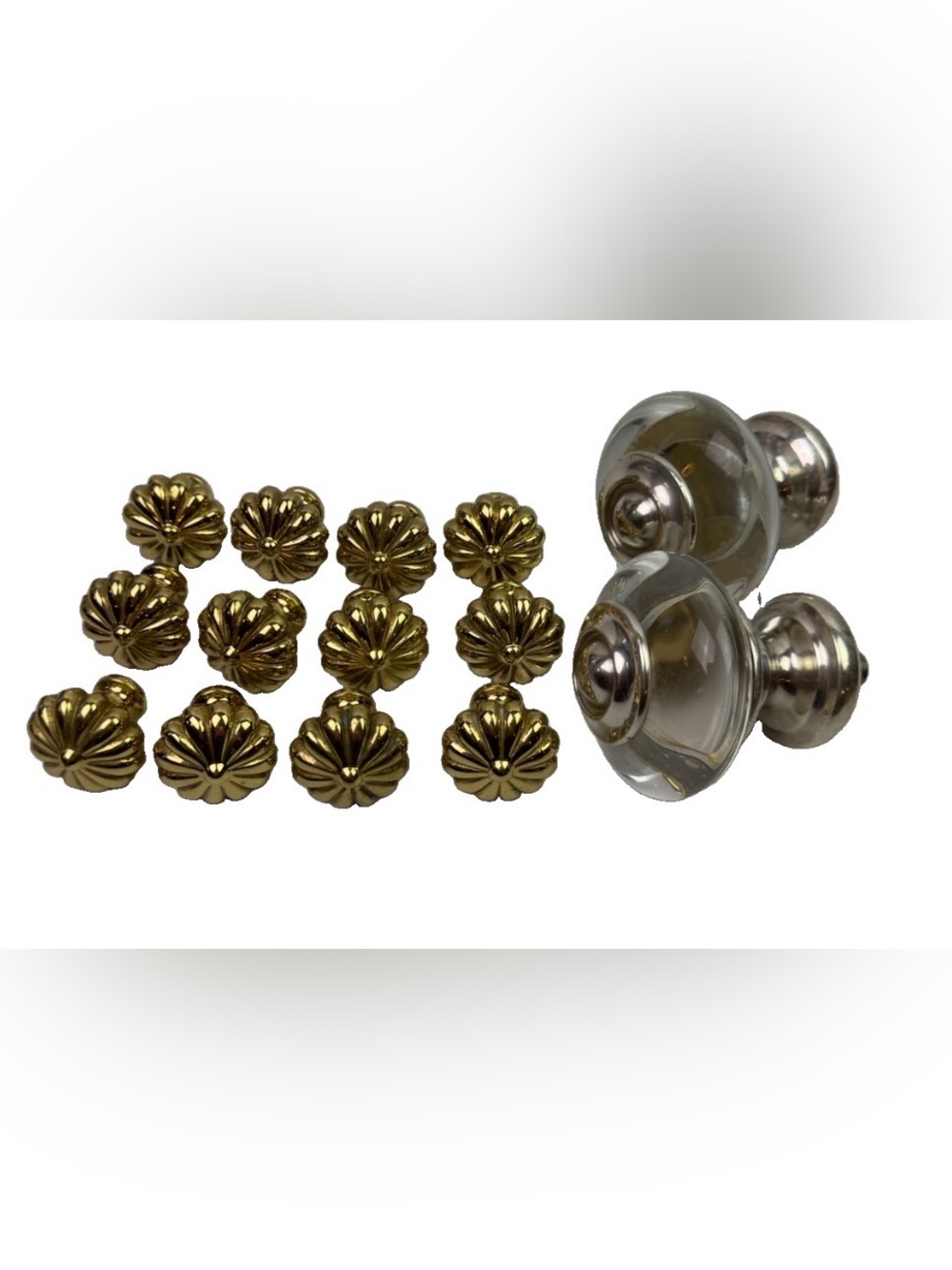 Lot 14 VTG Cabinet Hardware 12 Brass Melon Fluted Knobs & 2 Clear Acrylic Nickel
